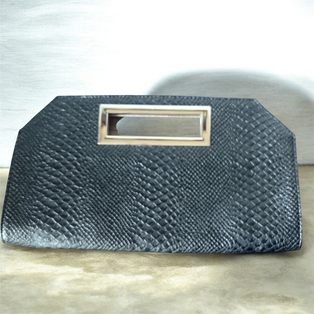 Express Black Faux Leather Snakeskin Clutch‎ Handbag Silver Handle Magnetic Y2K